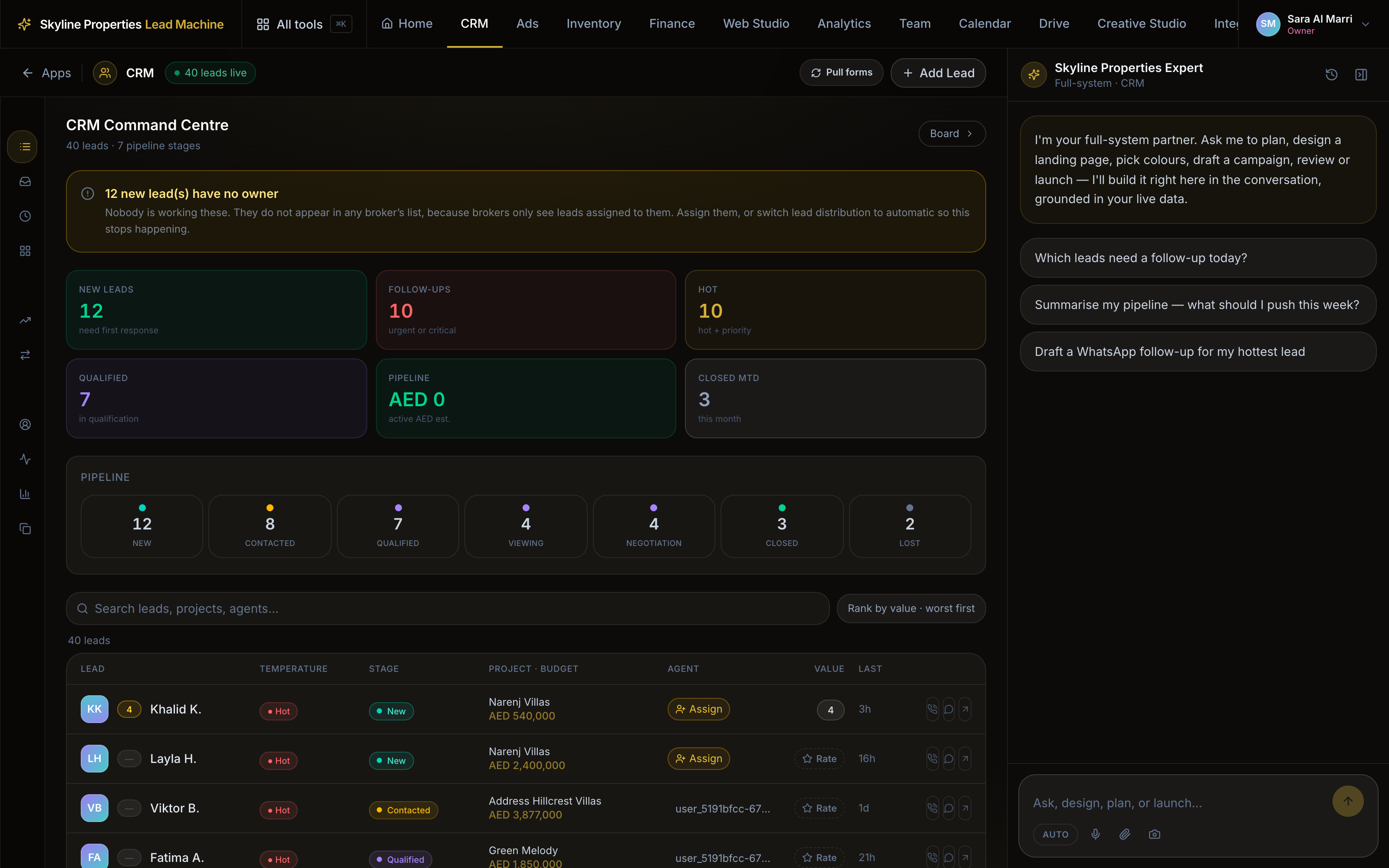 The CRM command centre listing leads by temperature, stage and budget, with a no-owner warning on top
