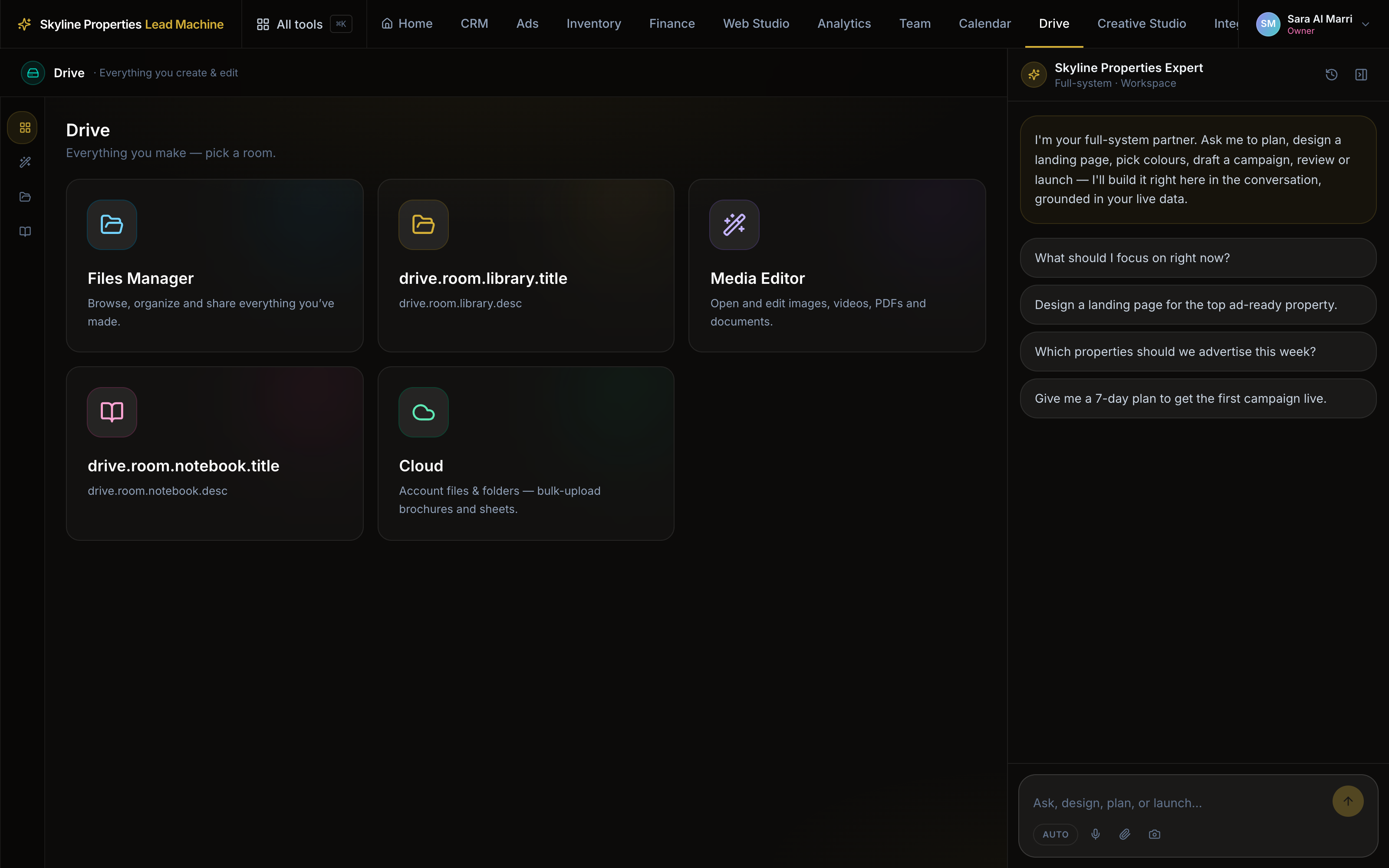 Drive rooms — the files manager, media editor and account cloud — with the docked expert alongside