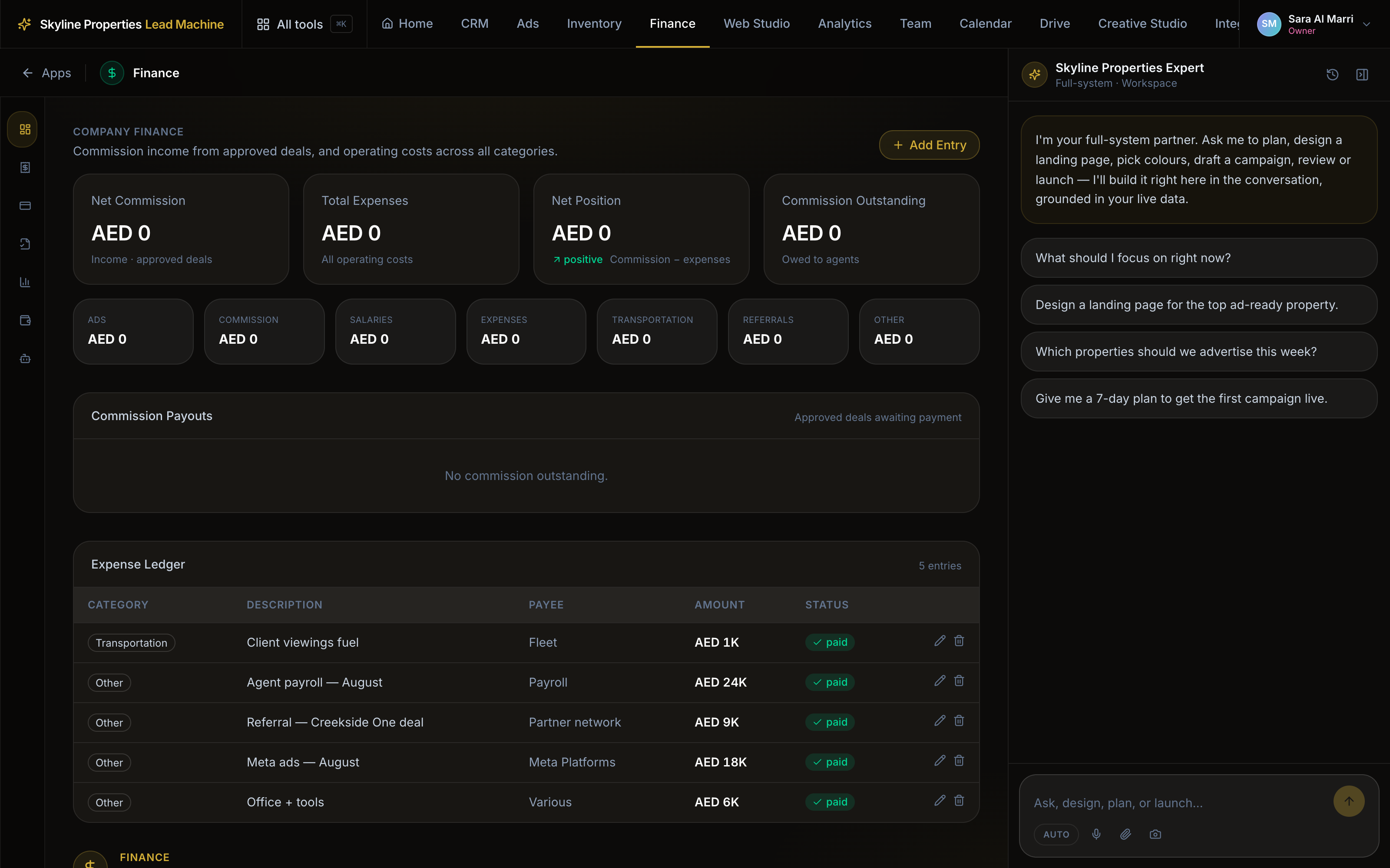 Company finance with commission tiles, expense categories, commission payouts and the expense ledger