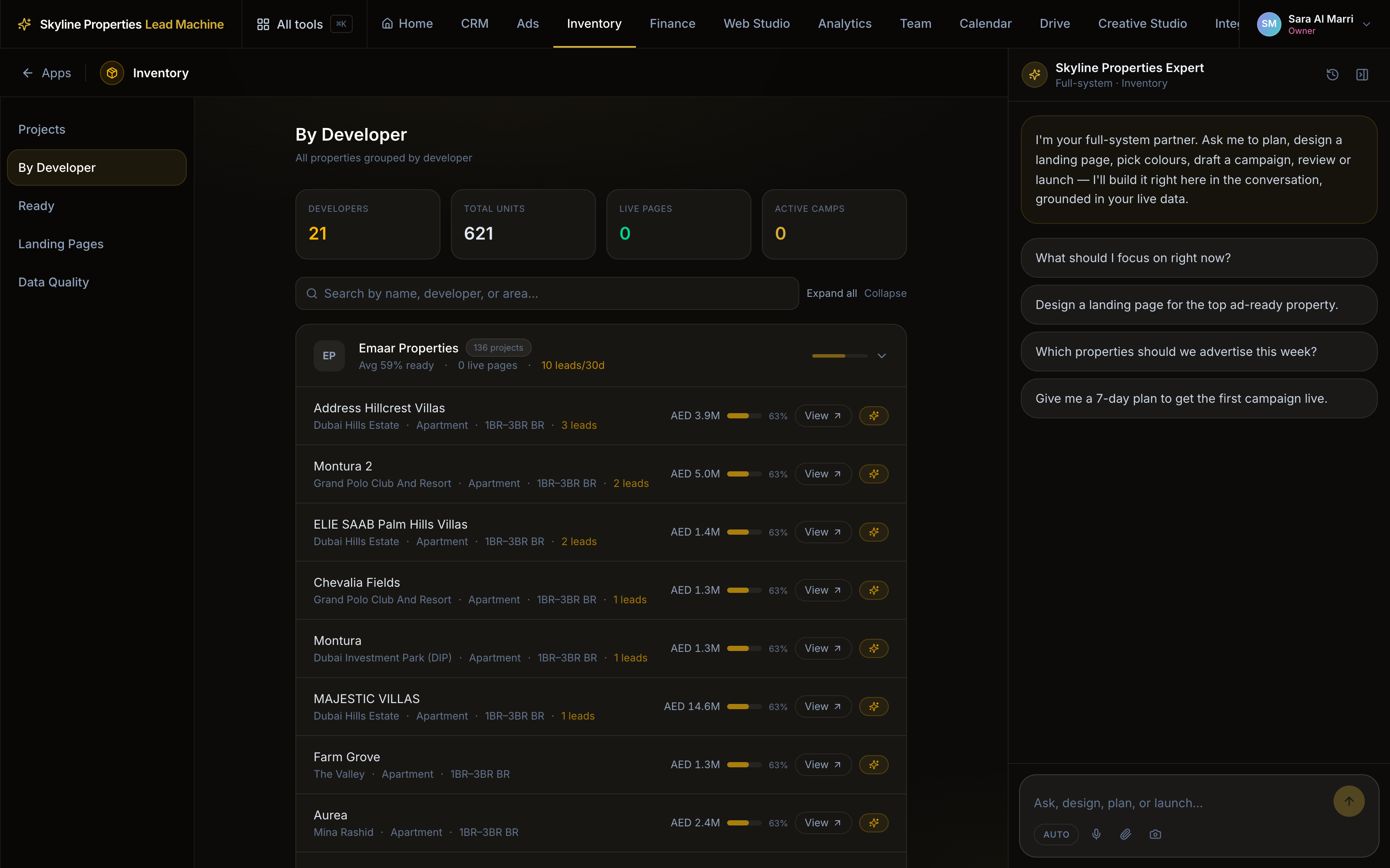 Inventory counters — 21 developers, 621 units — above the first developer group.