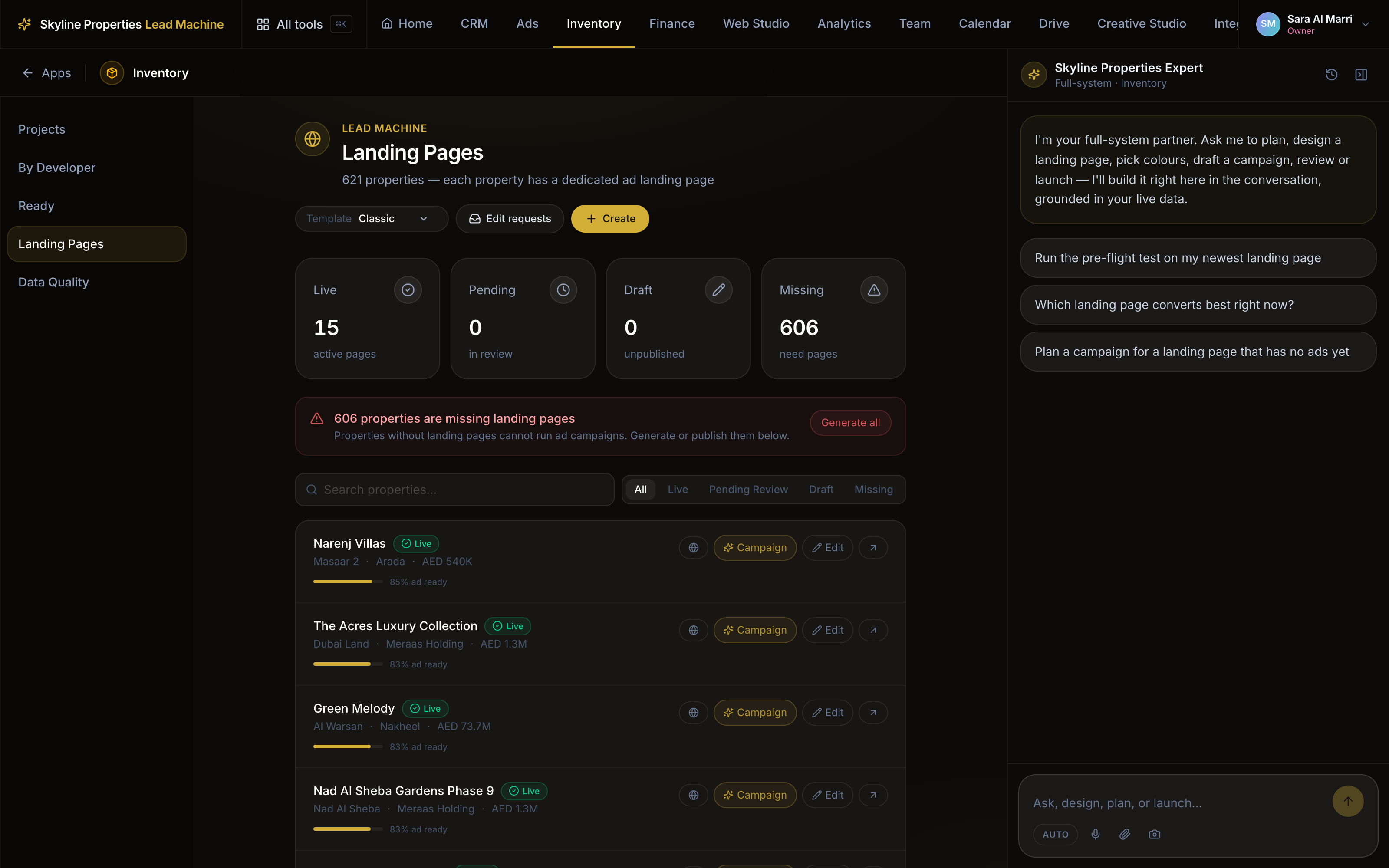 Landing page tiles — 15 live across 621 properties, missing pages flagged.