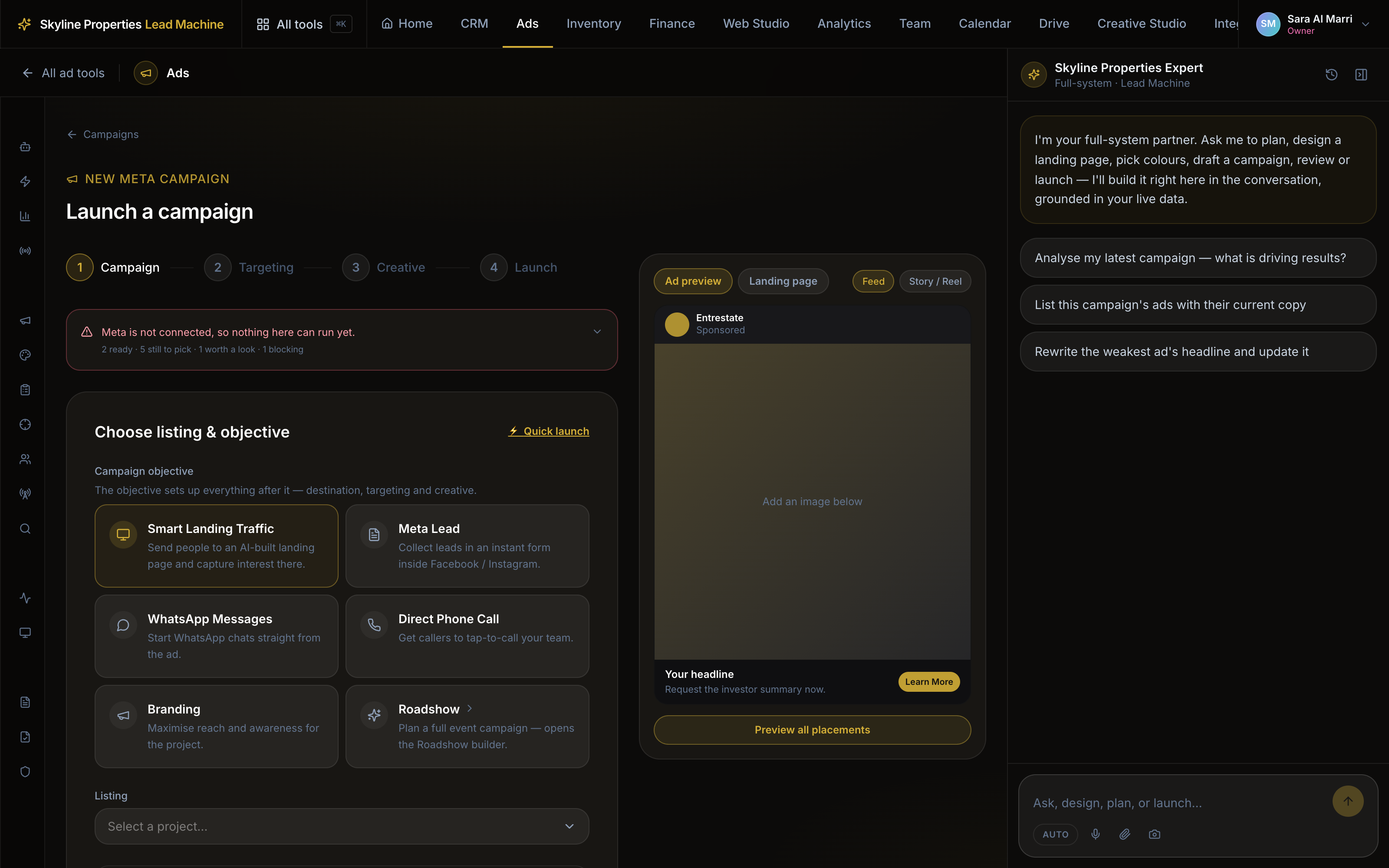 The four-step campaign launch wizard with objective tiles and a live ad preview panel