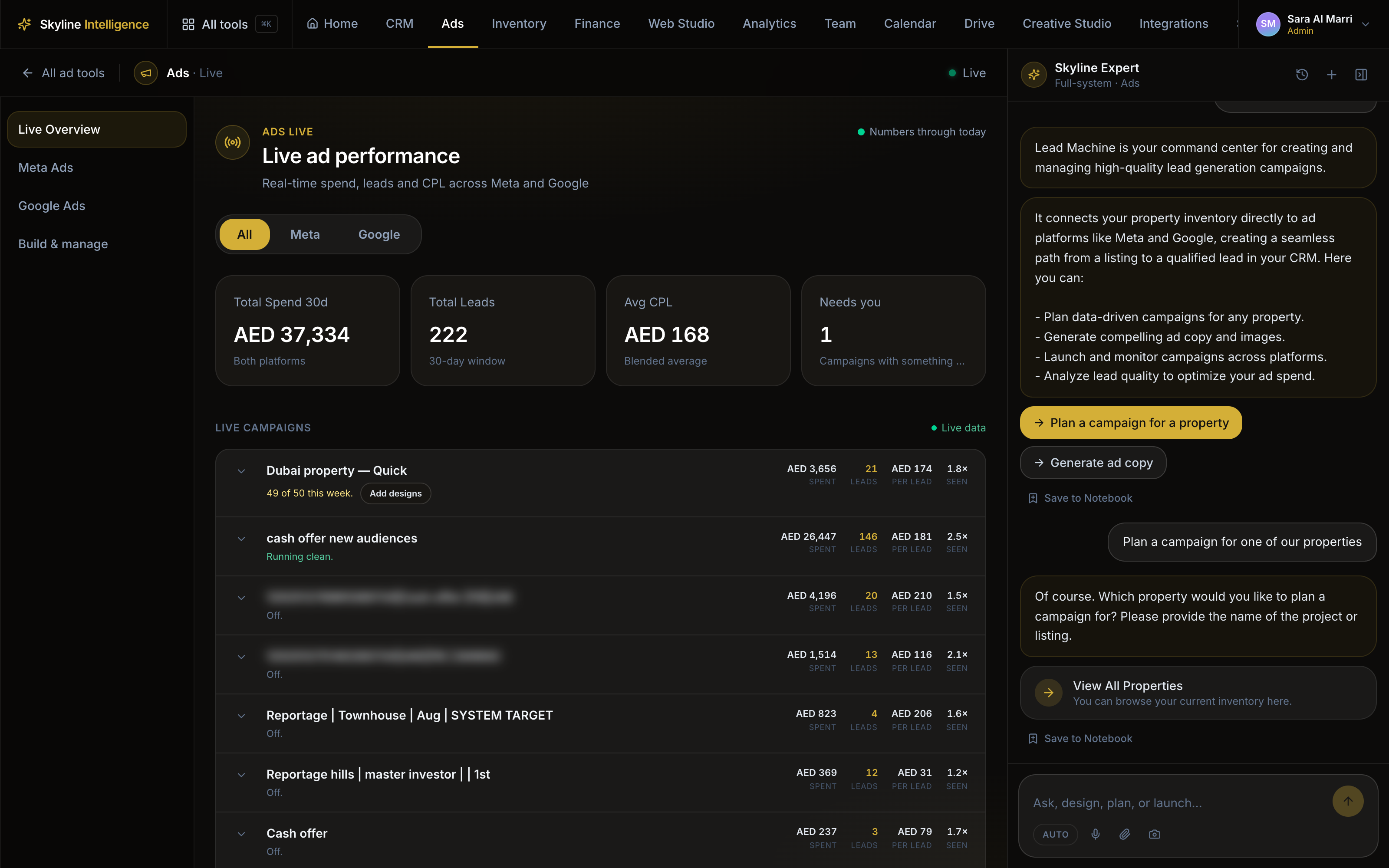 Live ad performance — 30-day spend, total leads and blended CPL tiles above per-campaign delivery rows