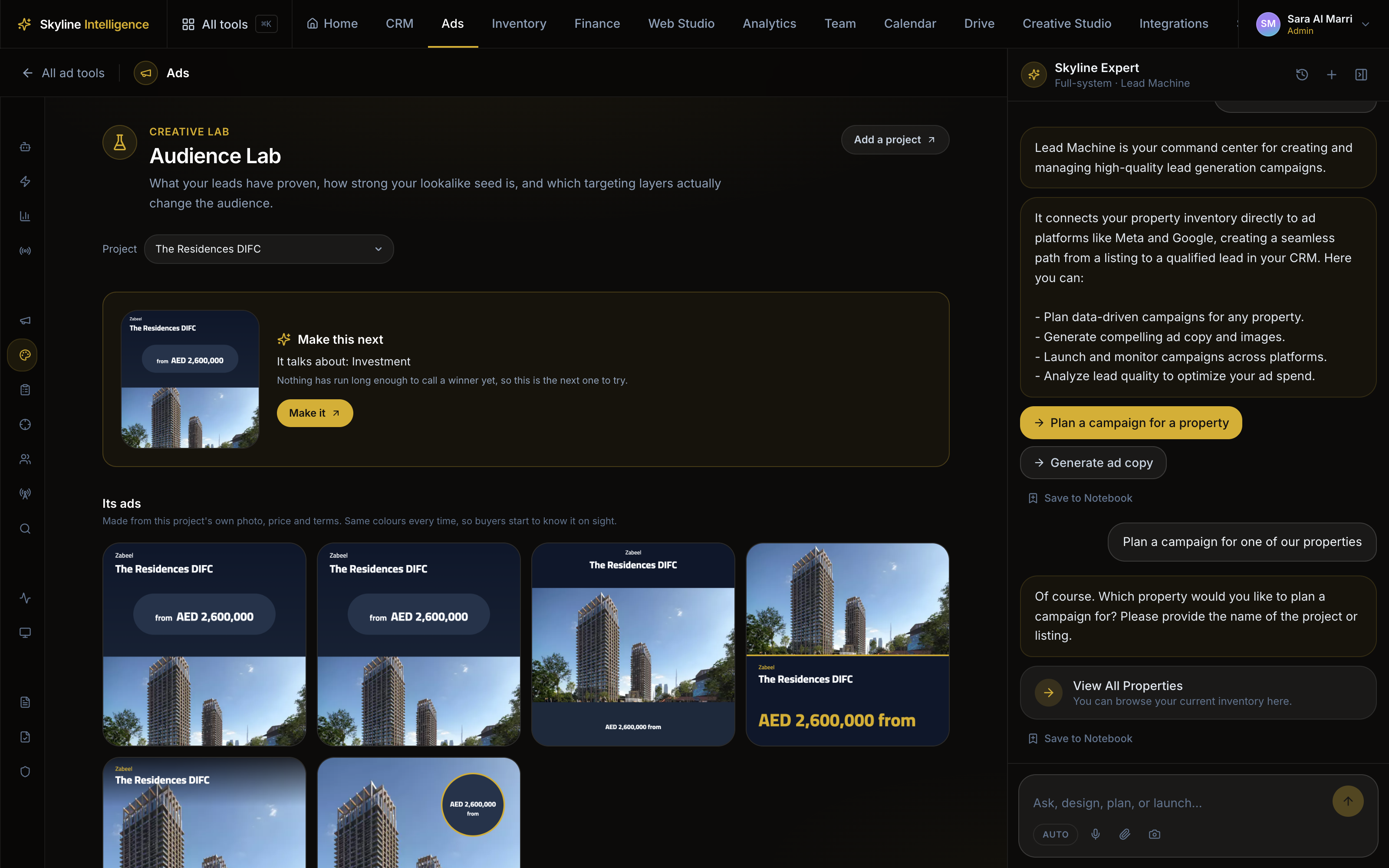Creative Lab showing a project’s generated ad set — the same photo, price and colours across every format