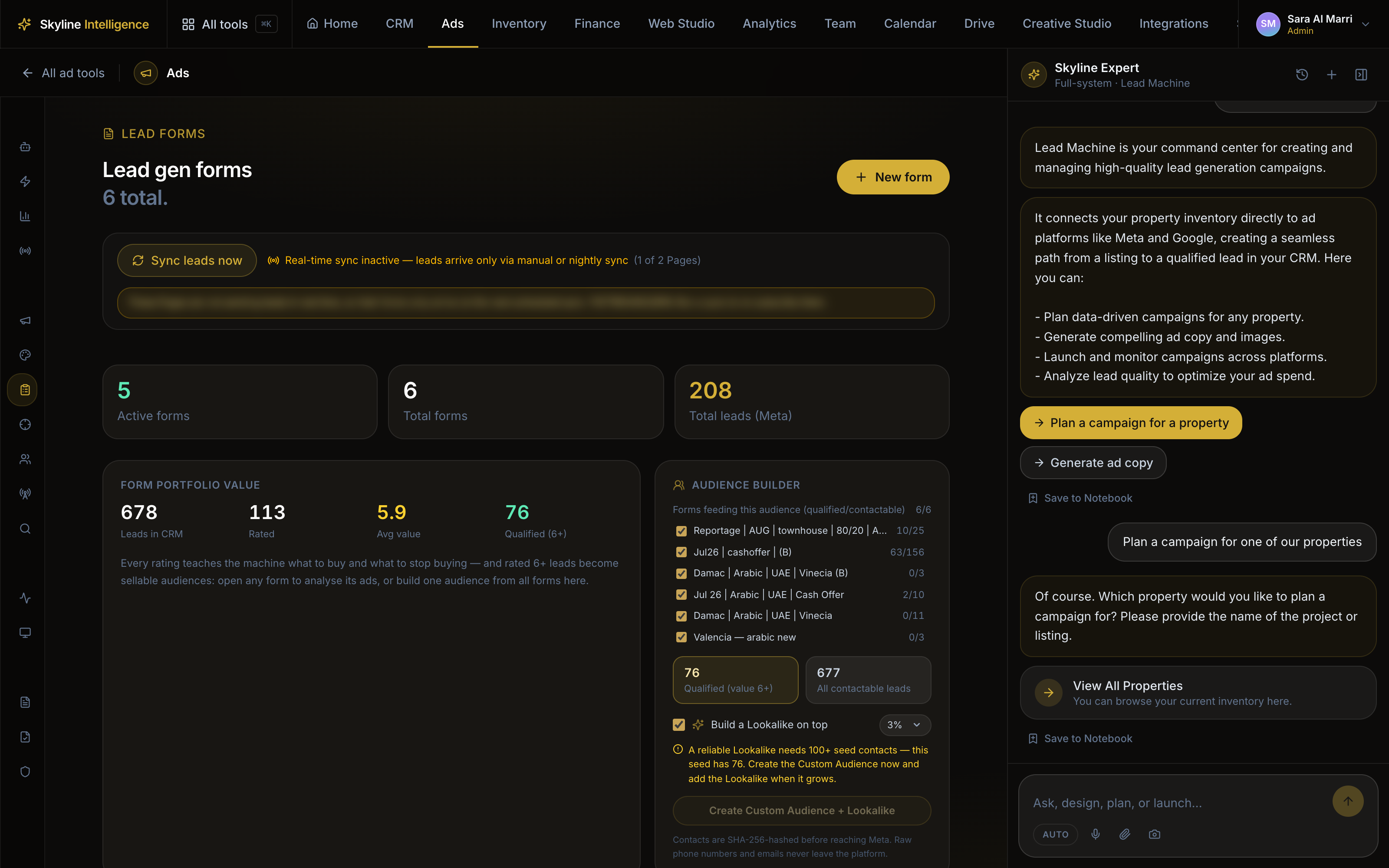 Lead gen forms in real use — six forms, 207 Meta leads, the form portfolio value and the all-forms audience builder