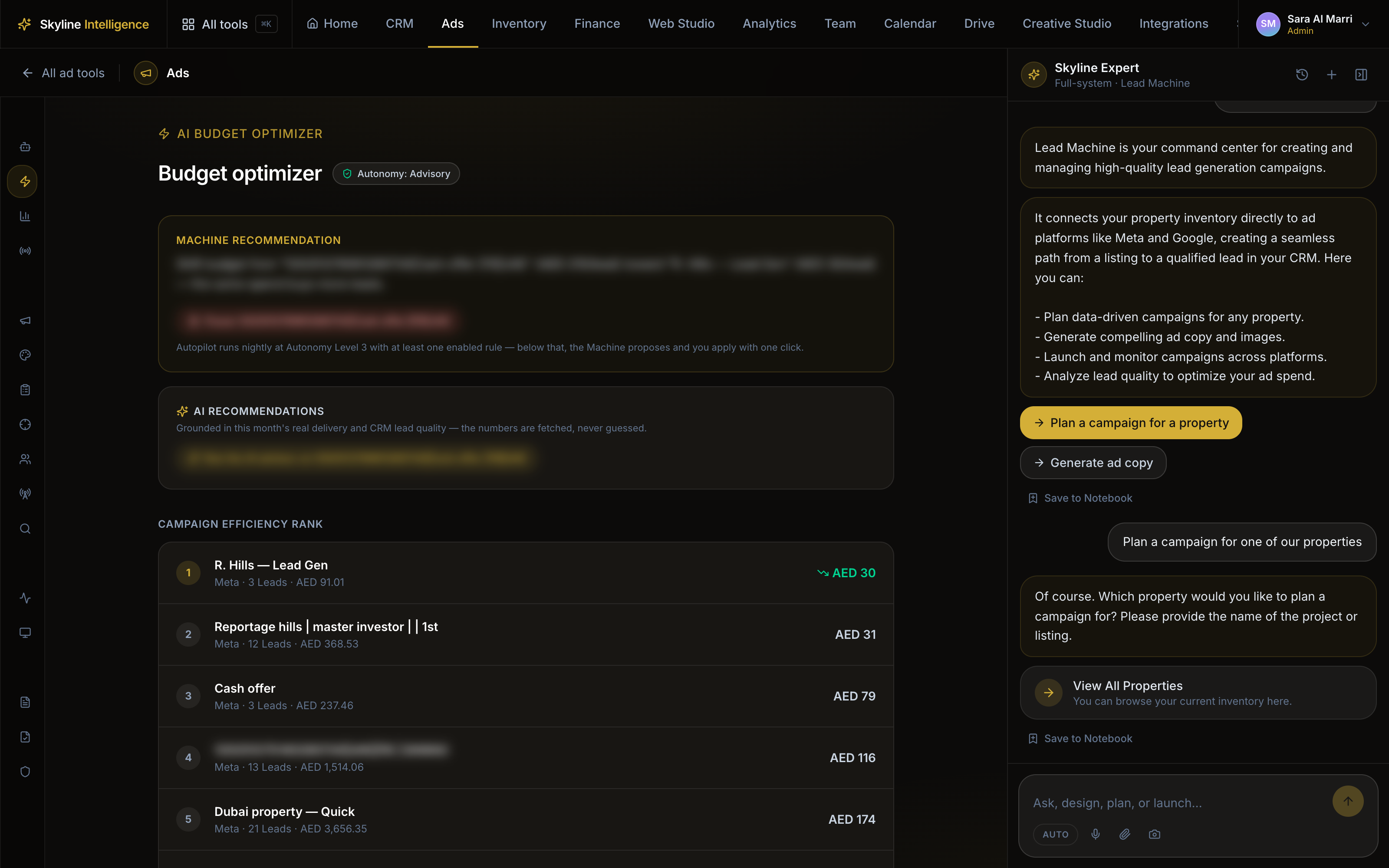 The AI budget optimizer ranking campaigns by cost per lead, with a machine recommendation ready to apply