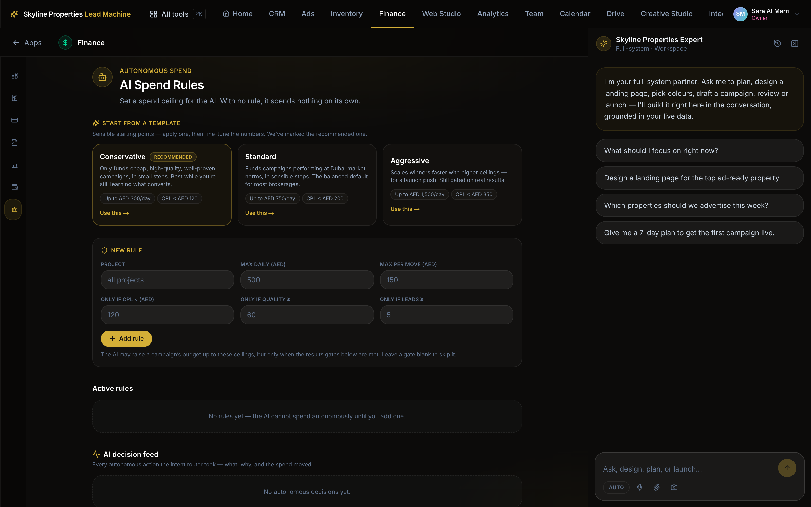 AI spend rules with conservative, standard and aggressive templates, ceiling and gate fields, and the decision feed