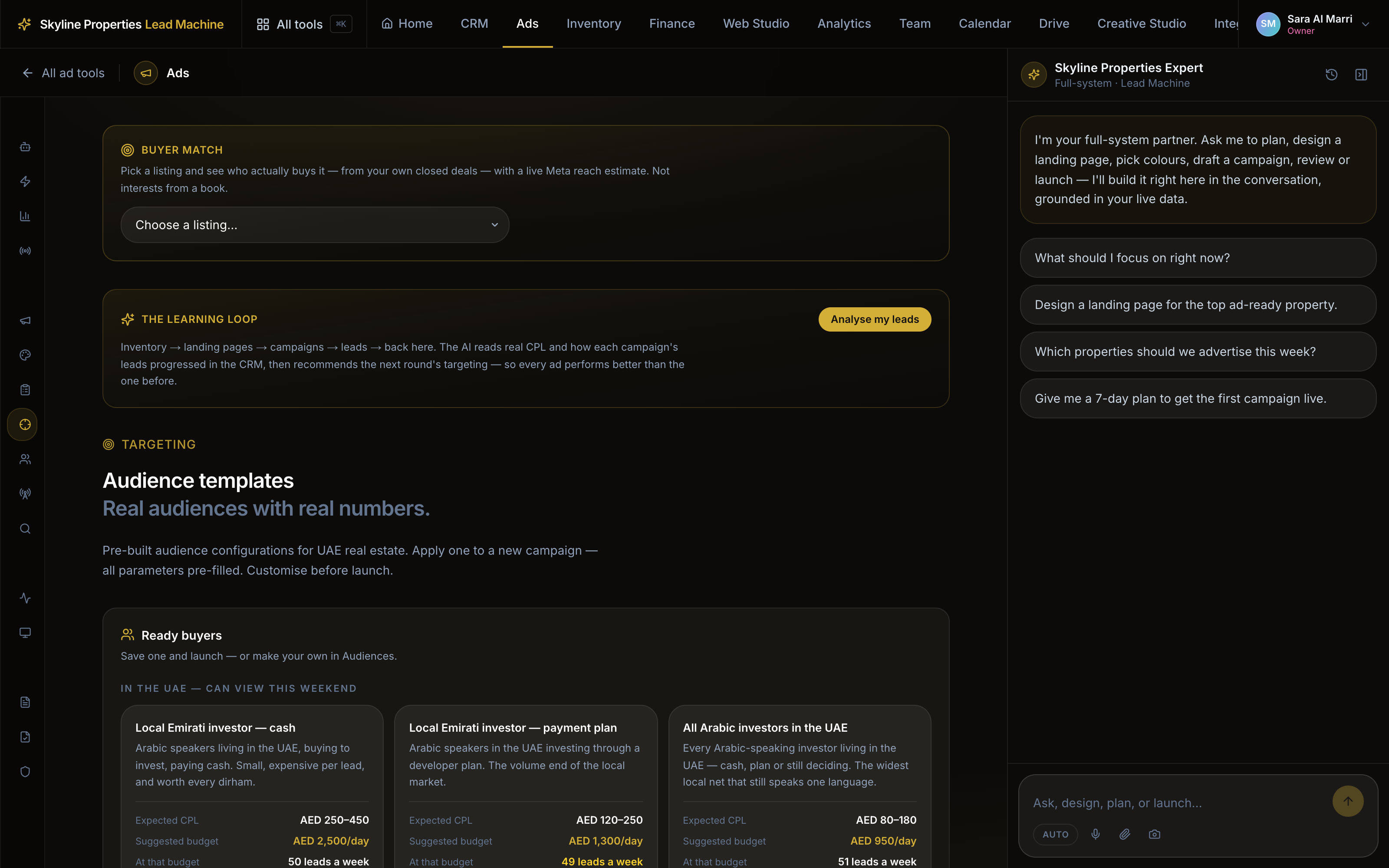 Audience templates priced with expected CPL, budget and leads per week.