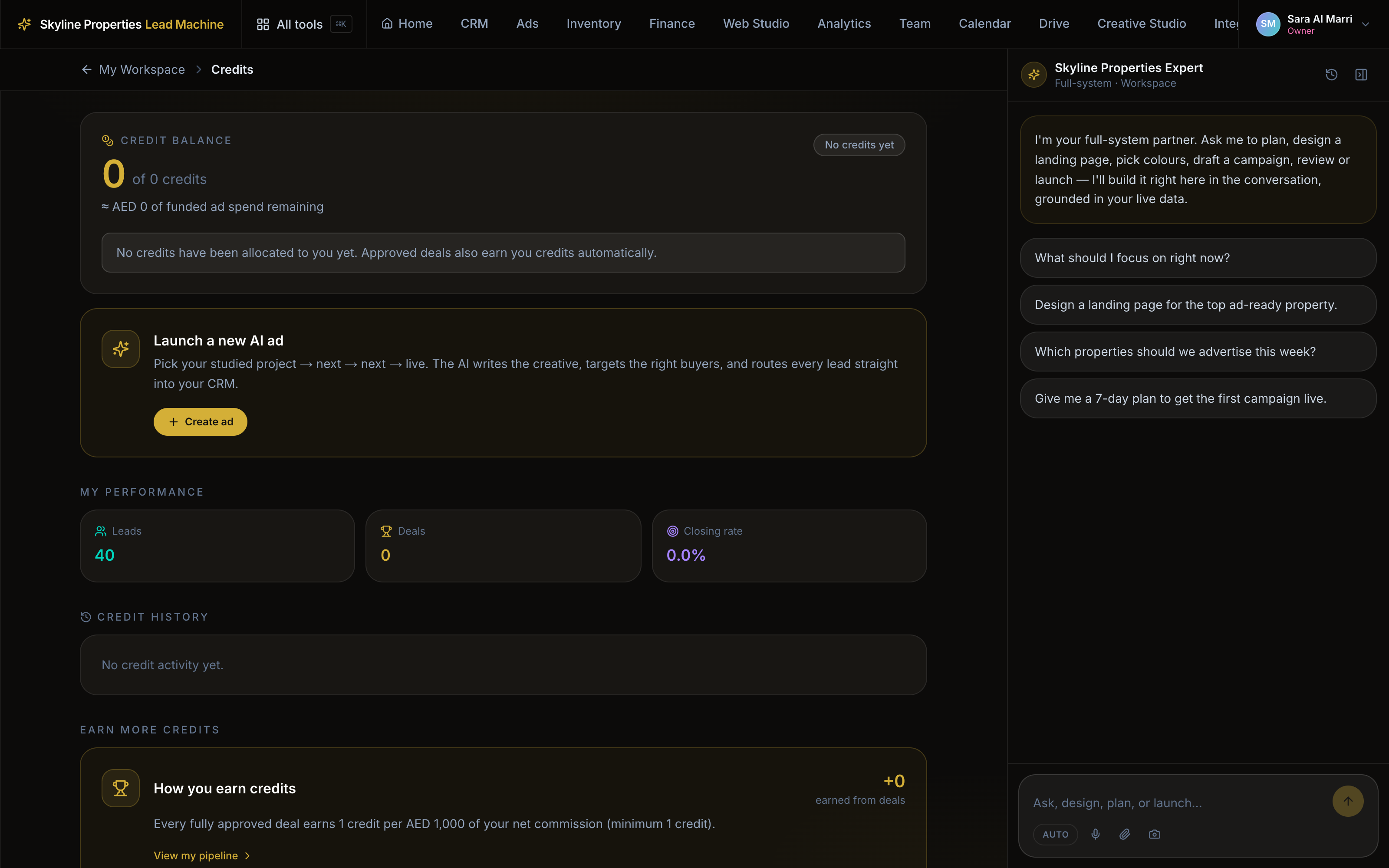 The credit balance with how credits are earned from approved deals, a Create ad button and personal performance tiles
